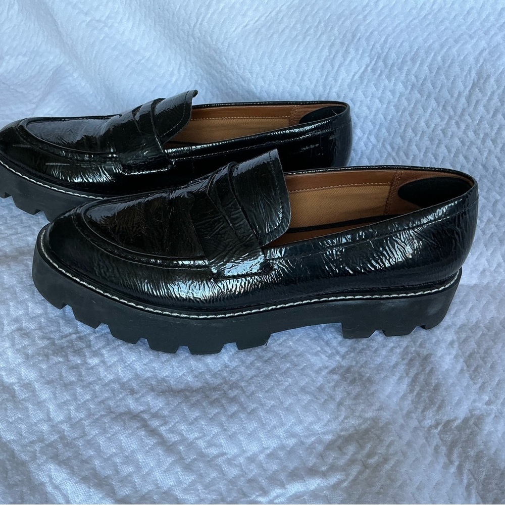 Franco Sarto Women’s Black Patent Lug Sole Loafers 9.5